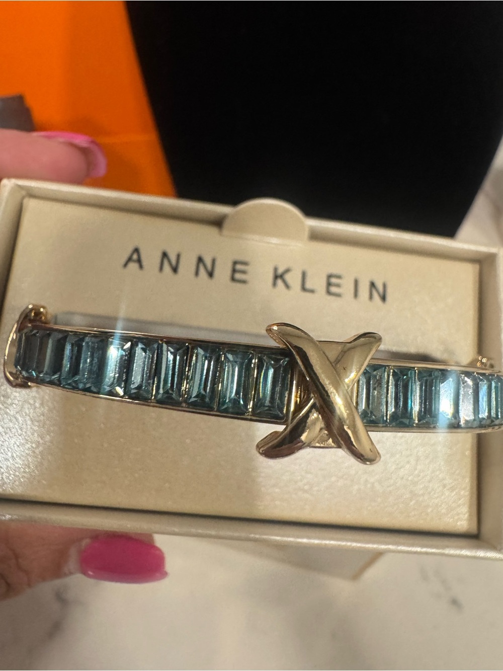 New Anne Klein Gold-Tone Bracelet with Blue Crystal Baguettes and X Accent
